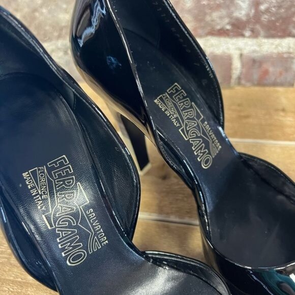Salvatore Ferragamo Black Patent Leather D’Orsay Peep Toe Heels Pumps Sz 7 - Picture 6 of 11